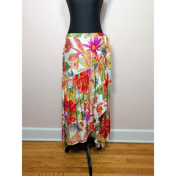 VINTAGE Cynthia Rowley Wrap Skirt Womens L Tropical High Low Ruffle Boho Rare - Picture 3 of 15